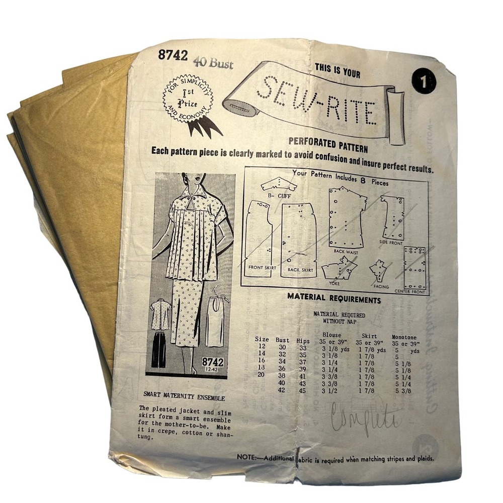 Sew Rite Vintage Mail Order Pattern #8742 Maternity Ensemble Sz 40 Bust HTF RARE